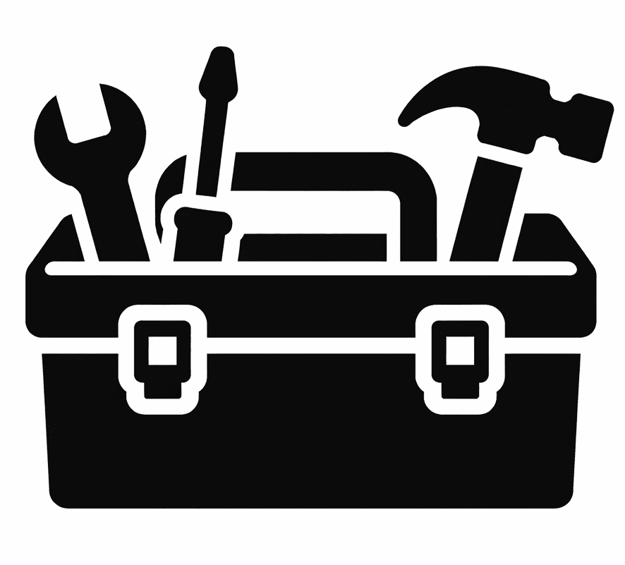 Black and white toolbox icon with tools inside.